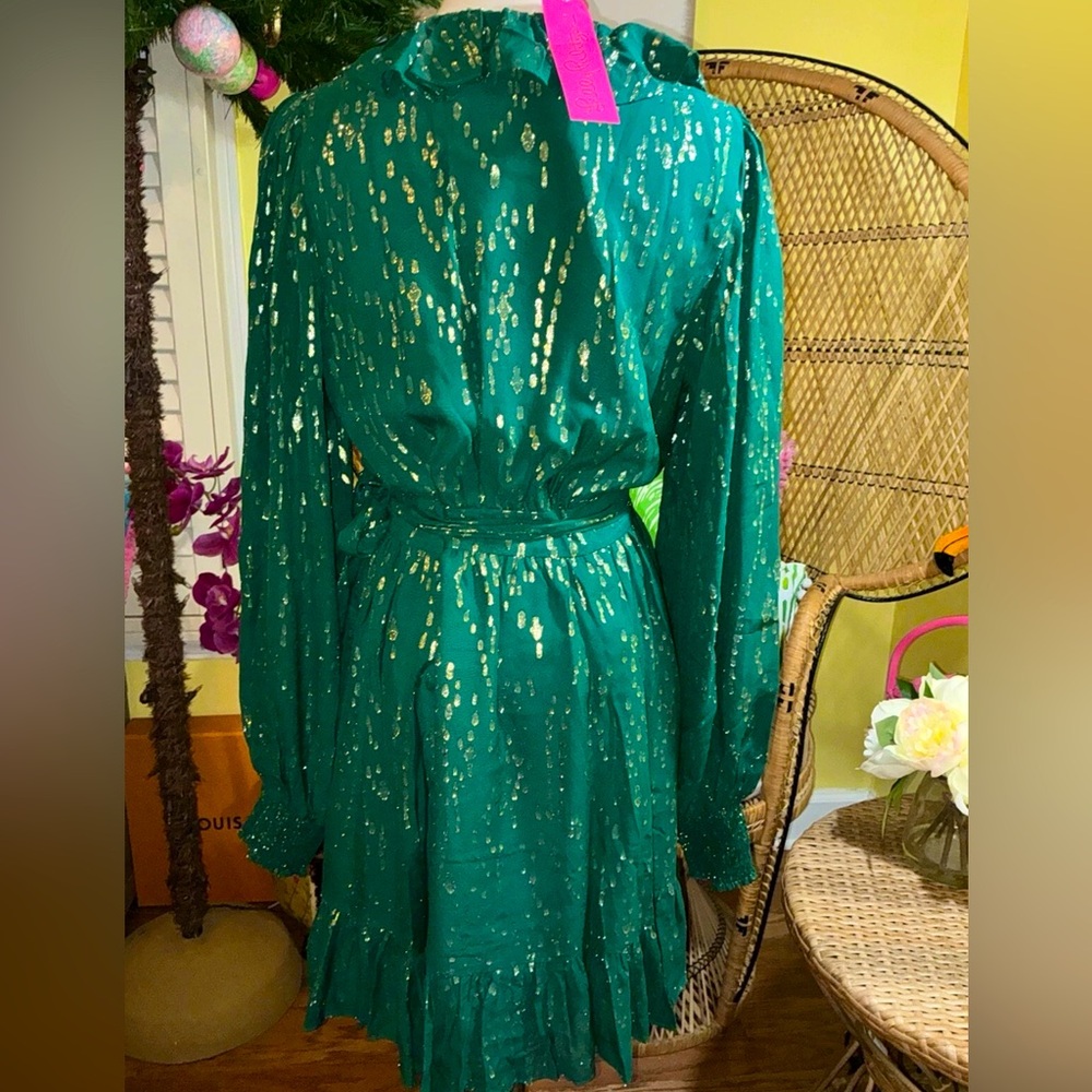 Lilly Pulitzer NWT Birdy Silk Wrap Dress Evergreen Fish Clip $328 Size 10,12 - Picture 4 of 10